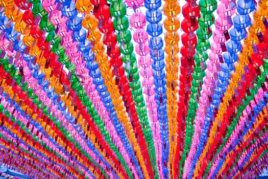 Colorful lanterns in buddhist temple during lotus festival for celebration Buddha's birthday