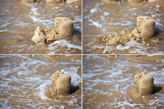 Multiple images of a sand pie dissolving in sea surf