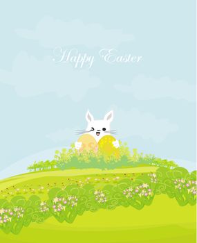 Illustration of happy Easter bunny carrying egg