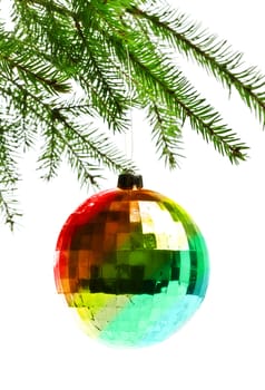 decoration ball on fir branch, white background