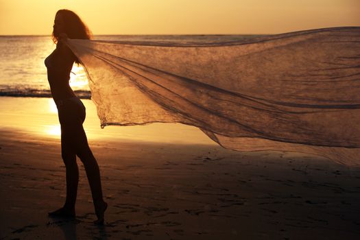 The beautiful woman on a coast on a sunset