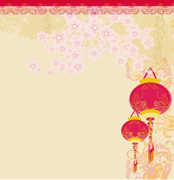 old paper with Asian Landscape and Chinese Lanterns - vintage japanese style background