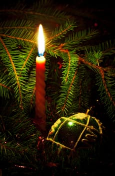 christmas card with candle and decoration ball