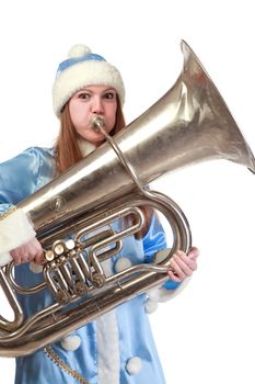 funny santa girl playing trumpet, white background