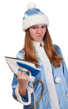 angry santa girl with iron, white background