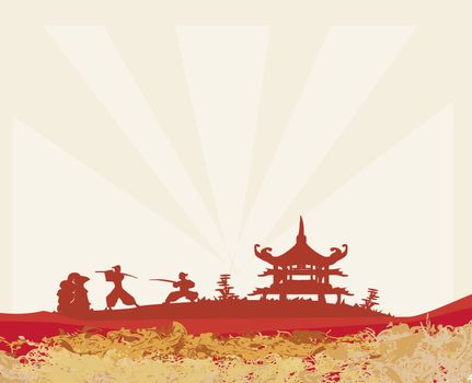 Samurai silhouette in Asian Landscape