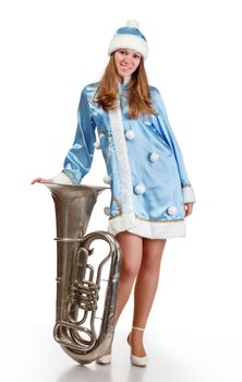 funny santa girl with big trumpet