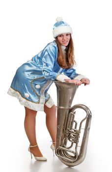 funny santa girl with big trumpet