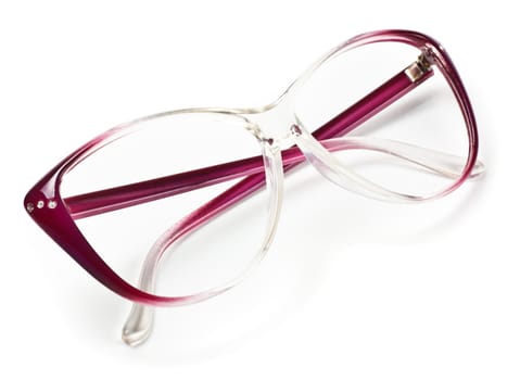 purple laying eyeglasses isolated on white background