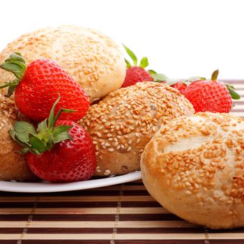 breakfast with sesame buns and strawberry, front view