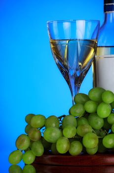 glass of wine and grape bunch, blue background
