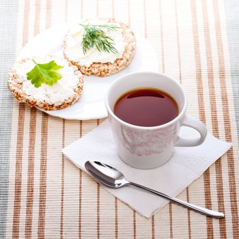 diet breakfast with tea and corn bread