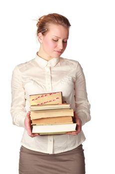 shy teacher with books isolated on white