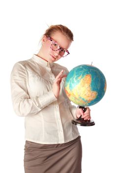 pretty teacher with globe dreaming about something