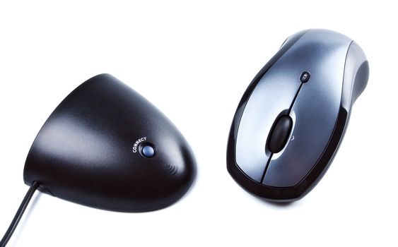 wireless computer mouse and receiver isolated on white