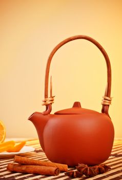 winter tea with cinnamon and star anise on bamboo napkin