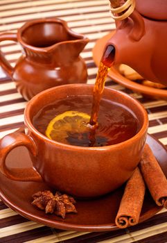 cup of winter tea with cinnamon and star anise on bamboo napkin