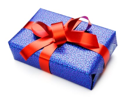 blue gift box with red bow isolated on white
