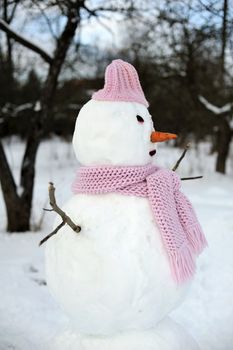 An image of perfect snowman in pink outdoors