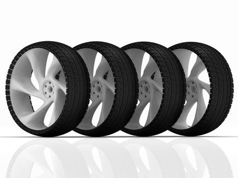 automobile tire and wheels on a white background