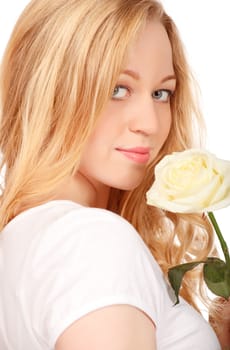 beautiful young woman with white rose, close-up portrait