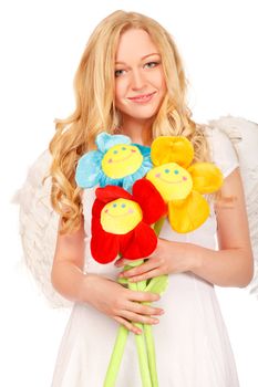 angel blond woman with funny artificial flowers