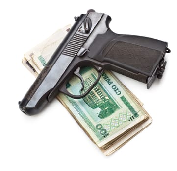 gun and money isolated on white background