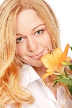 beautiful young woman with lily flower, close-up portrait