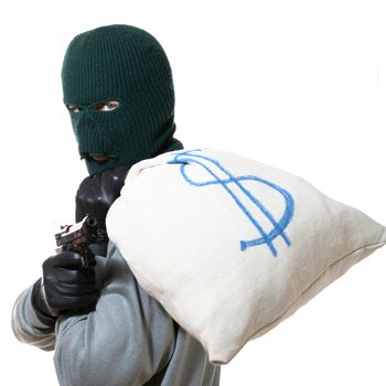 An image of a man with a bag and a gun