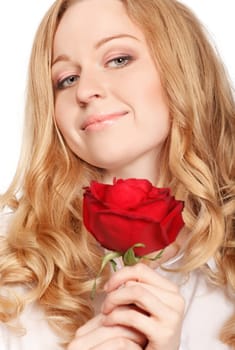 beautiful young woman with red rose, close-up portrait