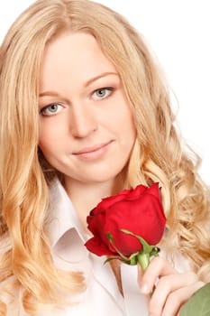 beautiful young woman with red rose, close-up portrait