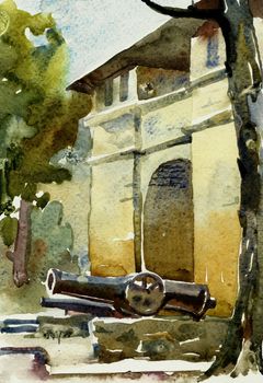 watercolor of old sandstone building - defensive position russian army fron turkish attack