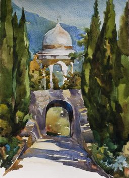 watercolor landscape os sunny road into the arc with a pergola upsters.