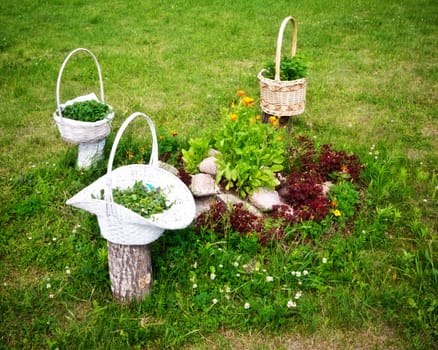 three wicker baskets with flowers on meadow