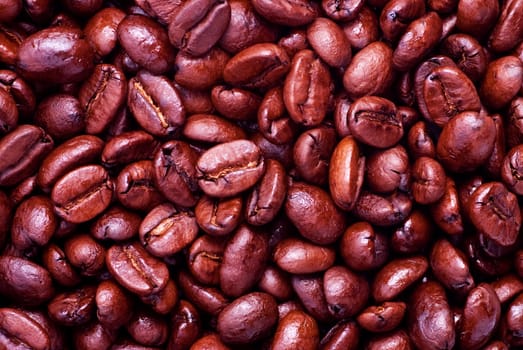 fresh roasted coffee beans background, horizontal closeup