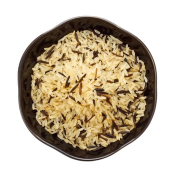 black bowl with rice isolated on white