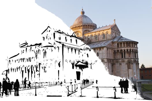 Pisa, Piazza dei miracoli, with the Basilica.technique, ancient slab.