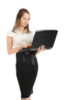 young businesswoman with laptop, isolated on white