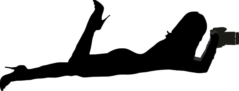 silhouette of a sexy girl lying flat and taking pictures with a camera - isolated vector illustration