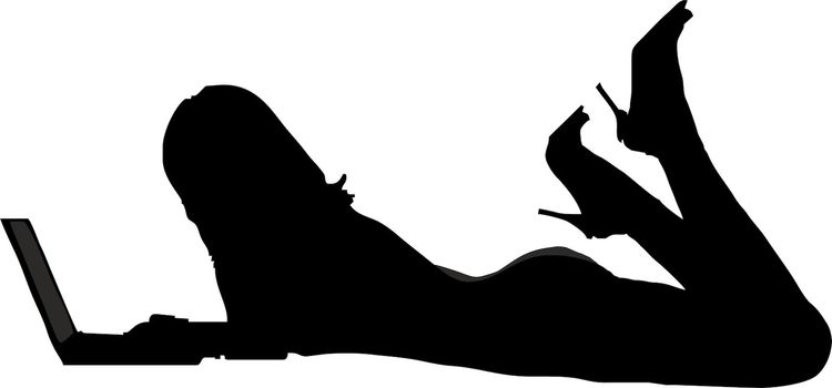 Sexy girl lying flat with laptop - isolated vector illustration