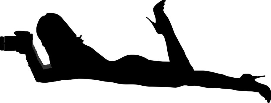 silhouette of a sexy girl lying flat and taking pictures with a camera - isolated vector illustration