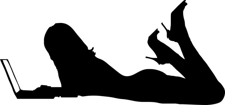 Sexy girl lying flat with laptop - isolated vector illustration