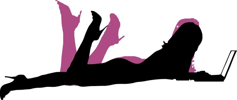 Sexy girl lying flat with laptop - isolated vector illustration