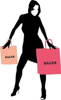Sexy fashion-victim girl with shopping sales bags - isolated vector illustration
