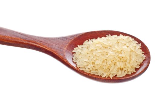 white rice in wooden spoon isolated on white background