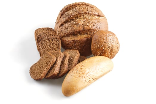 bread and other grain products on a white background