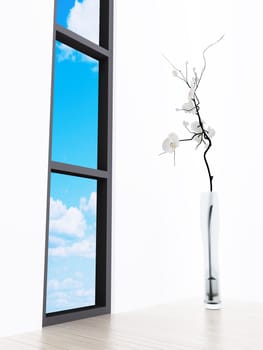 Lonely flower in a vase at a window with a kind on the blue sky