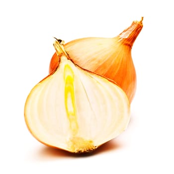 two yellow onions isolated on white background