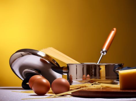 spaghetti, eggs, cheese and utensils on table