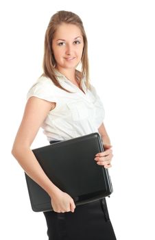 young businesswoman with laptop, isolated on white